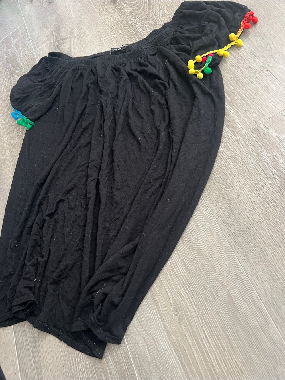 Boohoo Black Off-Shoulder Top with Multicolor Pom Trim
